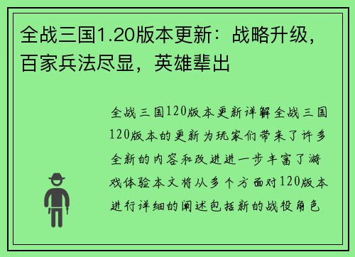 全战三国1.20版本更新：战略升级，百家兵法尽显，英雄辈出